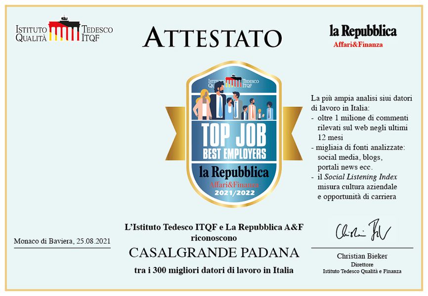 Casalgrande Padana remporte le prix Top Job 2021-22