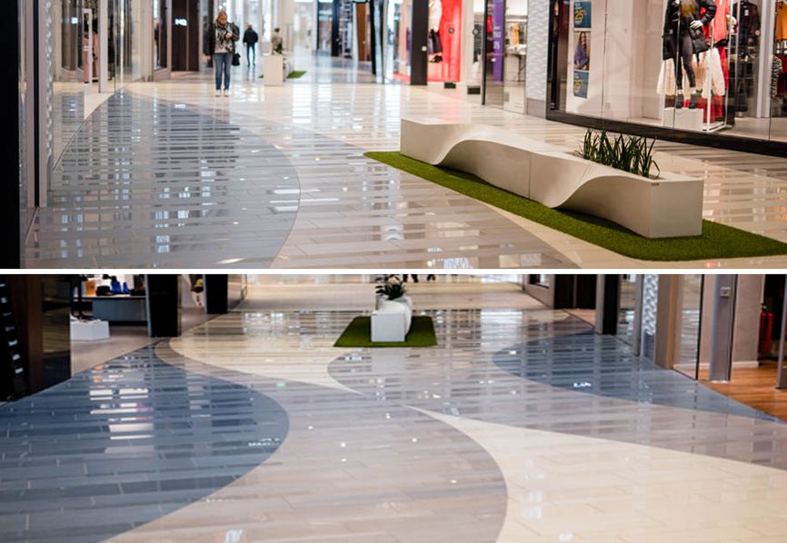 Un tapis coloré en grès effet marbre : le centre commercial Hallarna