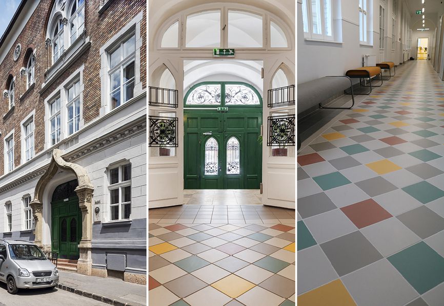École Szent Gellért : un tapis coloré en grès cérame